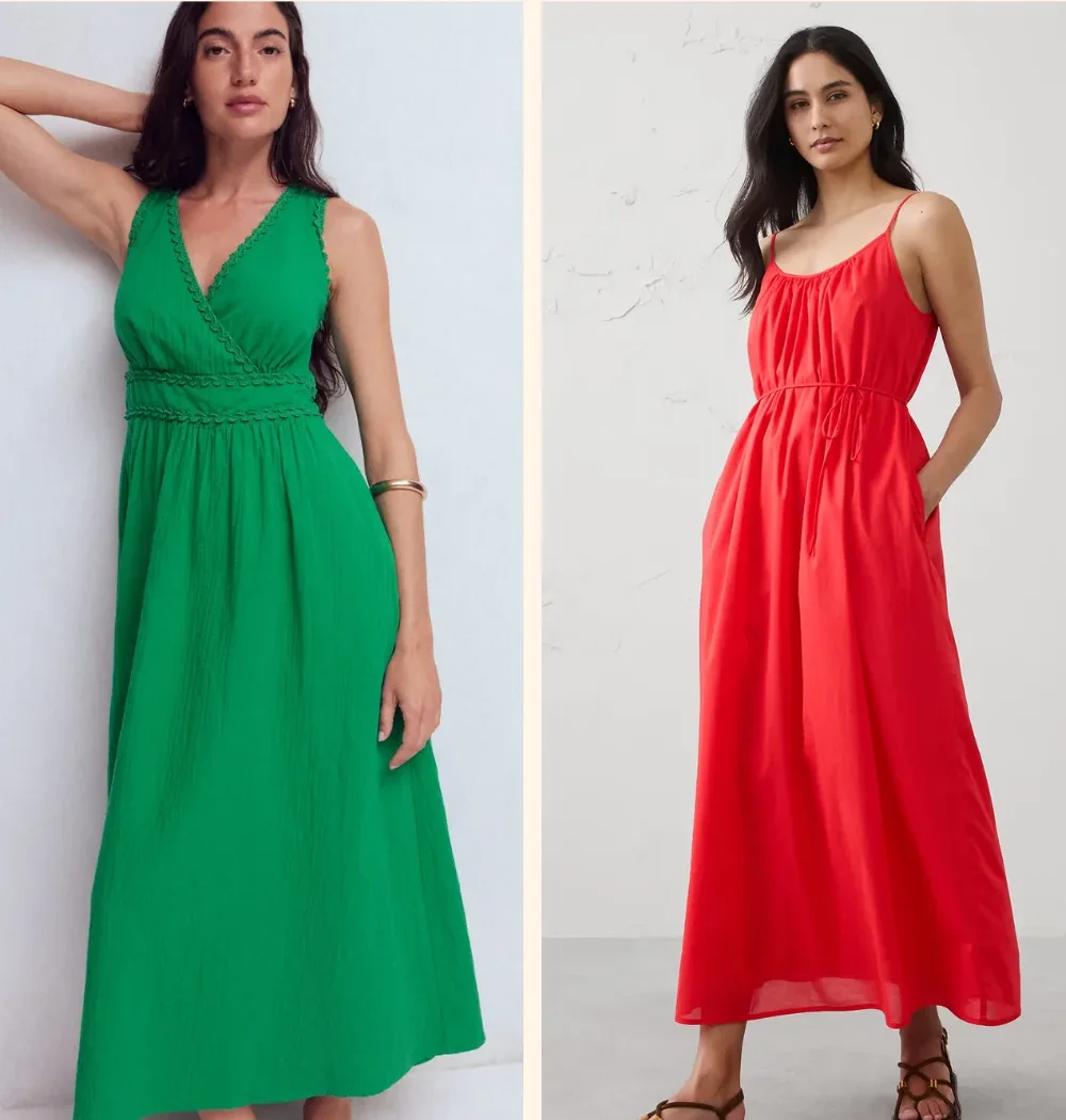 Two True Spring summer maxi dresses on models — bright kelly green and true red