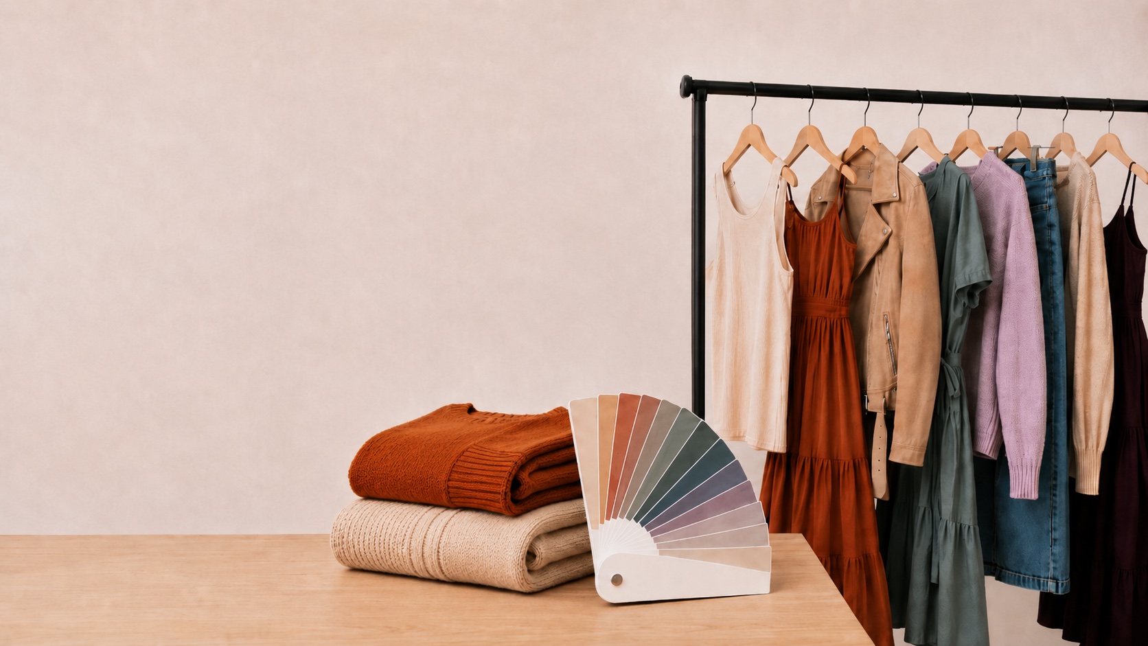Clothing rack with curated seasonal pieces and a color palette fan deck